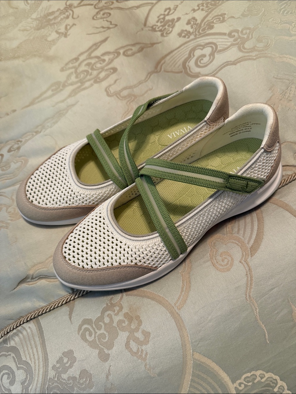 Vivala White Mesh Mary Jane Flats with Green Crossover Straps